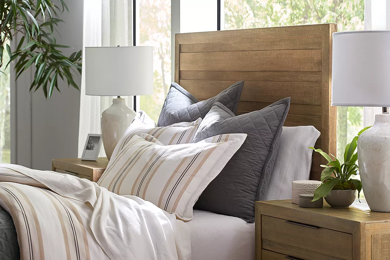 Sherman Panel Bed in Driftwood. Closeup of the Headboard in a room scene.